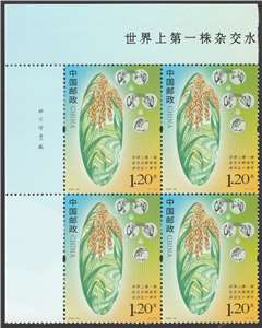 2023-22 世界上第一株杂交水稻培育成功五十周年 邮票 左上直角厂铭四方连